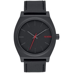 Nixon Women’s All Black Leather Time Teller Minimalist Watch Red Hand and Logo